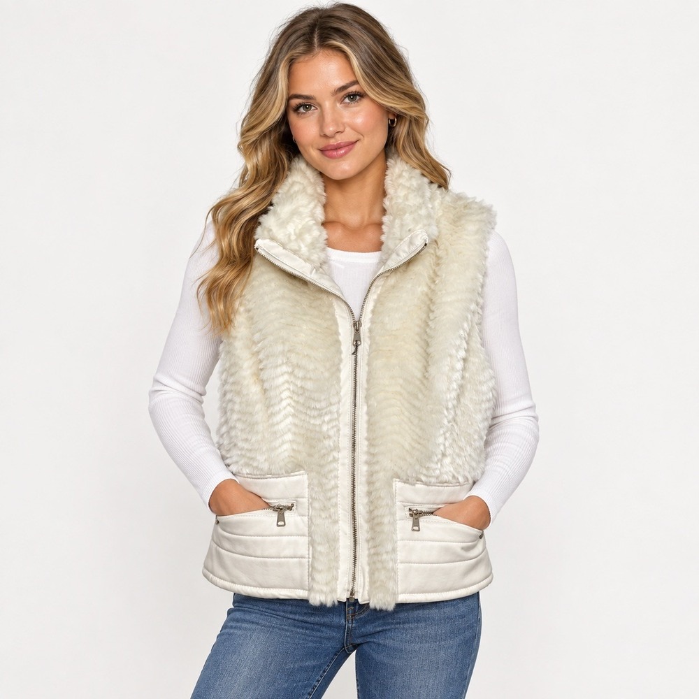 NWT Ci Sono Cavalini Faux Fur Quilted Faux Leather Moto Vest Ivory Medium M